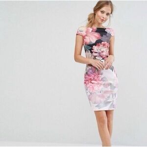 TED BAKER EMLY PAINTED POSIE PINK FLORAL PENCIL DRESS OFF THE SHOULDER SZ 1 US 4